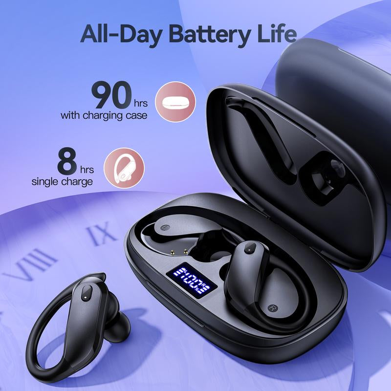 Wireless Earbuds V5.3: Over-Ear Buds with 90Hrs Playback, Wireless Charging, Waterproof Design, Sports Earhooks, Dual Power Display