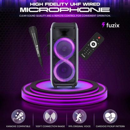 Sync Portable Rechargeable Karaoke Bluetooth Wireless Audio Speaker by Fuzix - with Built-In FM Radio, SD Input, USB Port, LED Lights, Mic and Remote Control Card