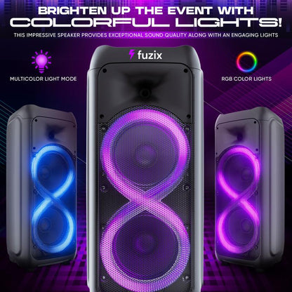 Sync Portable Rechargeable Karaoke Bluetooth Wireless Audio Speaker by Fuzix - with Built-In FM Radio, SD Input, USB Port, LED Lights, Mic and Remote Control Card