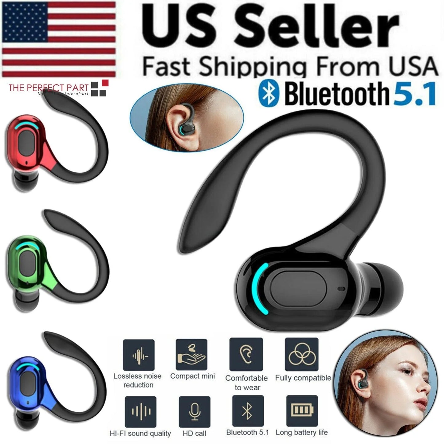 New Bluetooth 5.1 Headset Wireless Earbuds Earphones Stereo Headphones Ear Hook