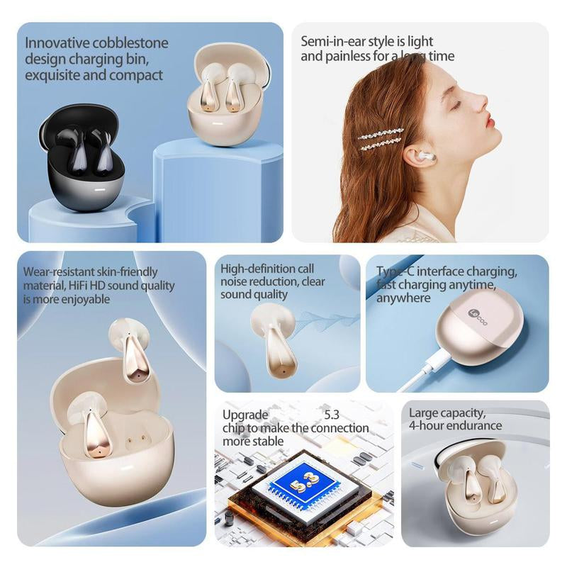 Semi-In-Ear Design Wireless Earphone, Touch Control Earphone with Charging Case, Hifi HD Sound Quality Earbuds for Sports