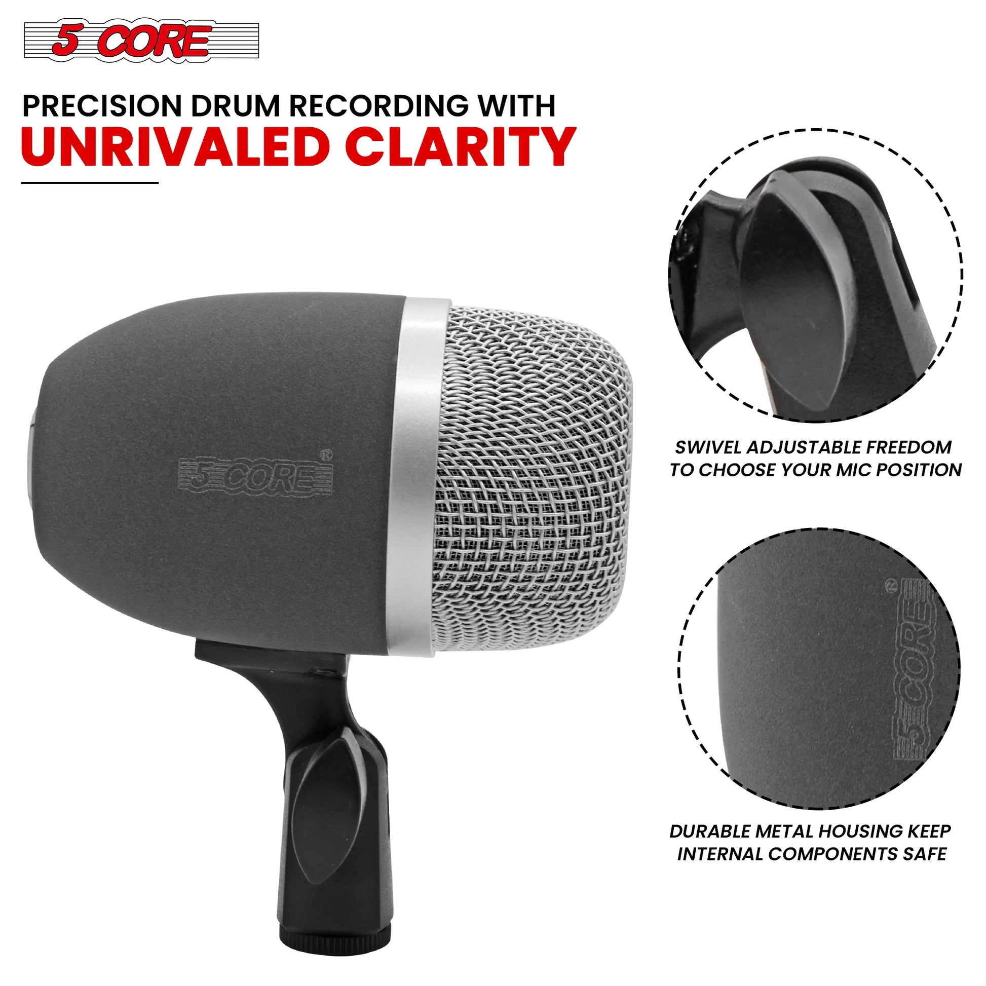 5 Core Tom Snare Mic Cardioid Dynamic Microphone for Drum Kit Precision Instrument GRAY